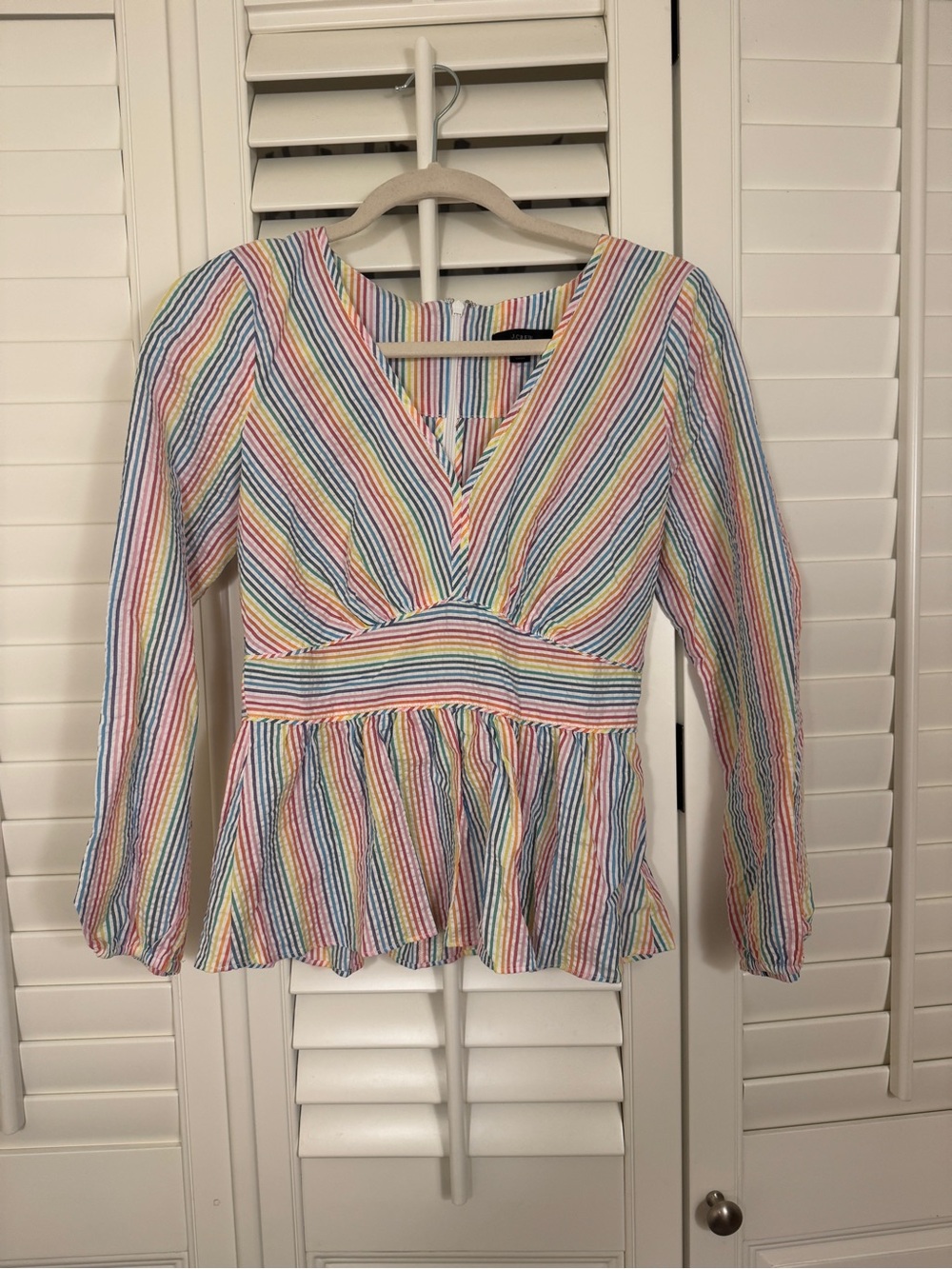 J. Crew V-neck peplum top in rainbow seersucker 00